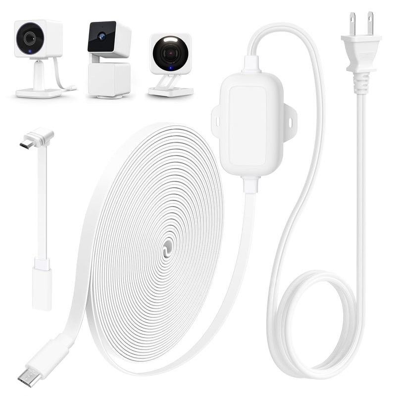 delilyn 25FT Outdoor Power Adapter for WYZE Cam V4, Cam OG/V3/V3 Pro, L-Shape Micro USB Extension Cable for WYZE Cam Pan V3, Replace for WYZE Plug, IP67 Waterproof Flat Cable Charge Your Camera - Image 1